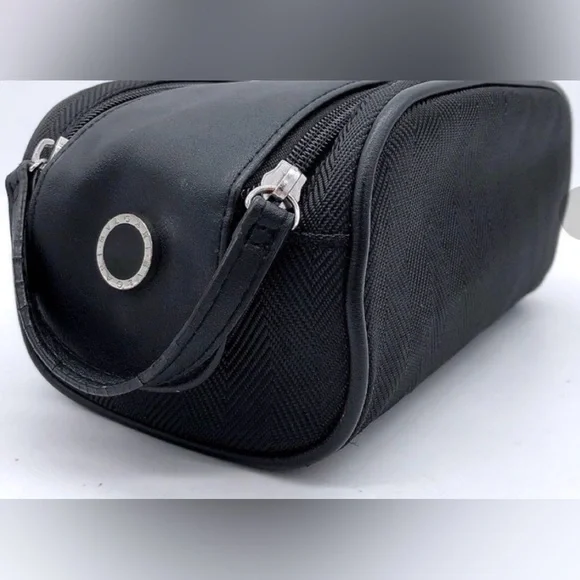 BVLGARI Black Herringbone Nylon/Leather Travel Case Cosmetic Bag Dopp Kit Italy - Picture 2 of 10